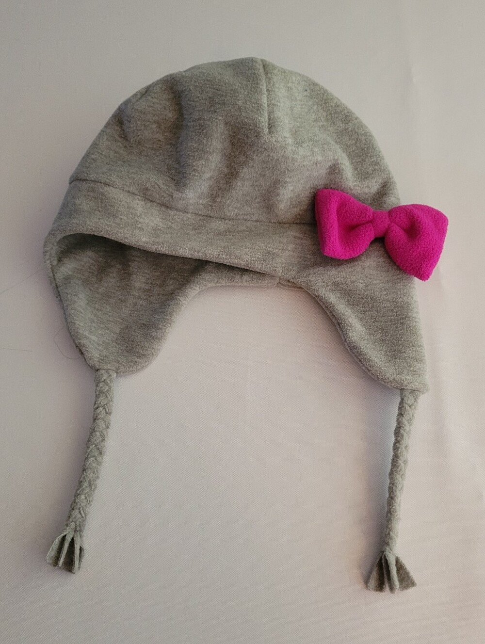 Lands End Fleece Hat With Ear Cover Flaps Youth Girls Large Gray Pink Bow